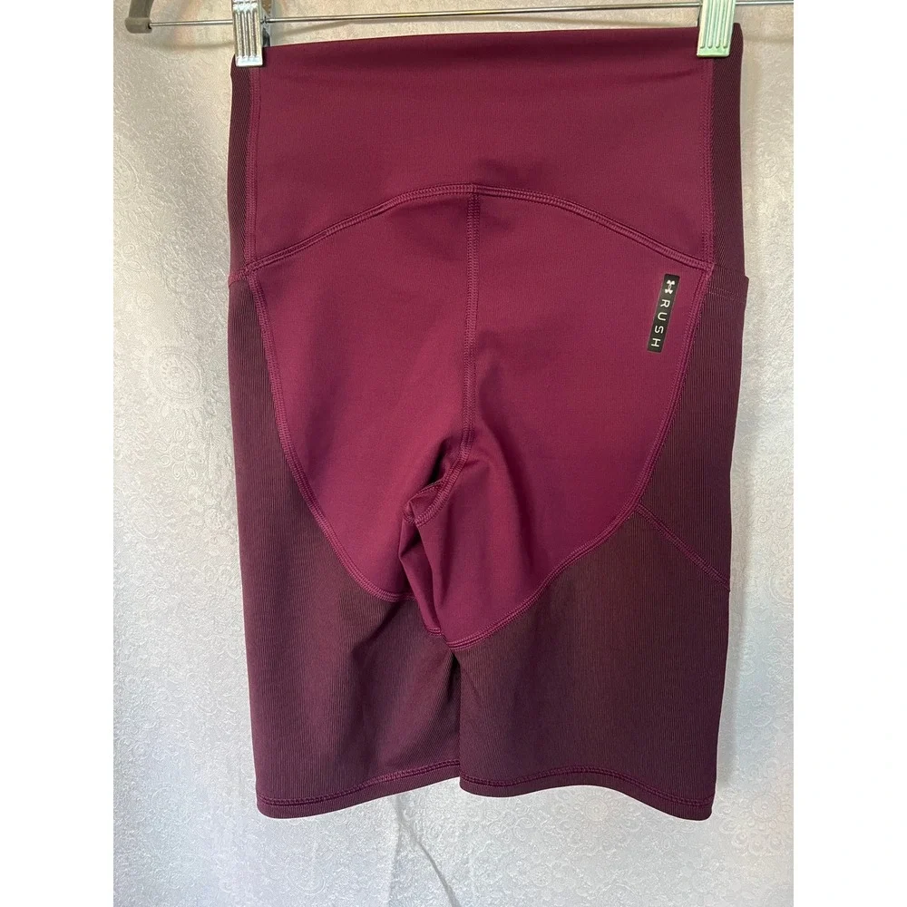 Under Armor Rush HeatGear Bike Short Burgundy Athleisure Ribbed Pocket Womens XS
